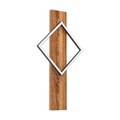 Timarne LED Wall Light 30.5cm in black and rustic brown, featuring a tall wood backplate crossed by a diamond-shaped black frame with white shade, shown on a plain white background.