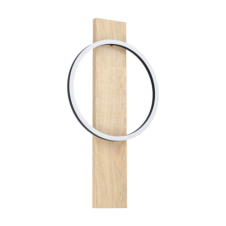 Timarne LED Wall Light 30cm in black and brown, featuring a round ring with white light face crossing a tall oak-toned wood backplate, shown on a plain white background.