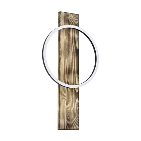 Timarne 30cm LED wall light in black and rustic brown, with a scorched wood plank design and a slim black-rimmed circular ring light featuring a white diffuser.