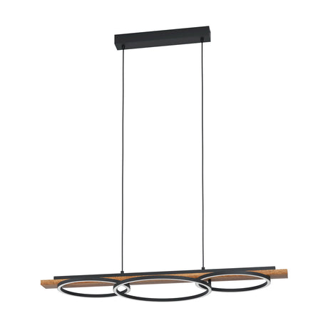 Timarne Pendant Light in black and rustic brown, with three overlapping black rings beneath a wood-grain beam, suspended by two slim cables from a black rectangular canopy on a white background.