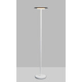 The Tina LED Floor Lamp 12W 3000K in white and black features a slim white stand, round base, and flat square black shade, providing soft ambient light against a simple gray backdrop.
