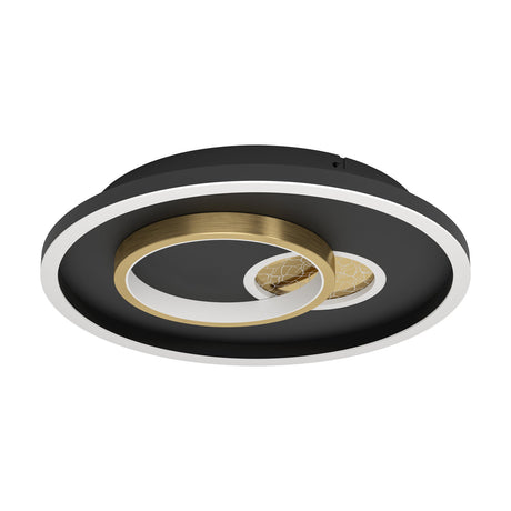 Tiriolo LED flush ceiling light in black and gold, a round steel and plastic disc with a white diffuser and overlapping brushed gold ring and crackle-finish disc.