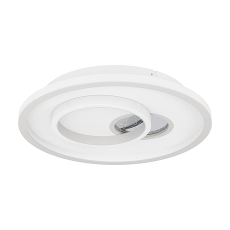 Tiriolo LED flush ceiling light in white, a round disc with an off-centre white ring overlapping a silver crackle-pattern insert, shown on a plain white background.
