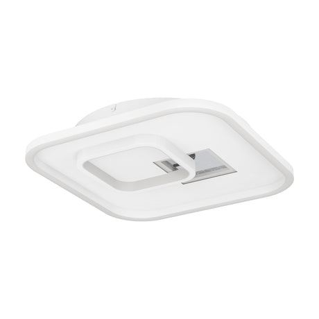 Tiriolo LED square ceiling panel light in white with rounded corners, an offset inner square ring and a silver crackle-pattern insert, shown on a plain white background.