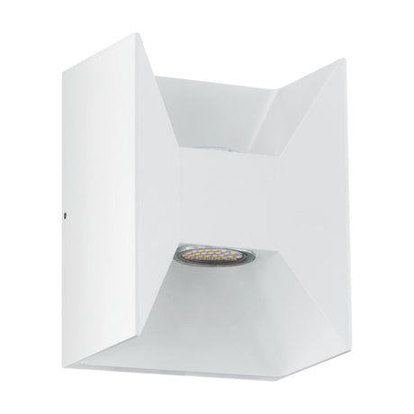 Tismora LED outdoor wall light in white, a faceted cast aluminium fixture with angled top and base recesses housing two integrated LEDs, shown on a plain white background.