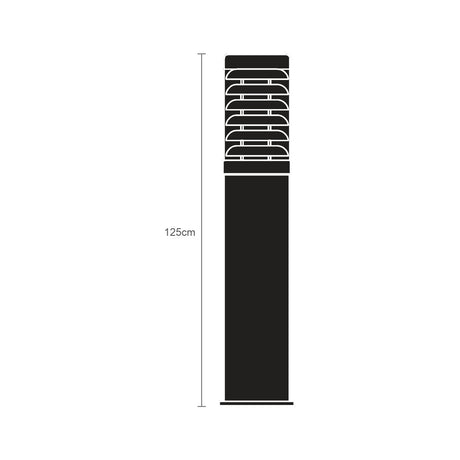 Quoin Steel stainless steel outdoor bollard light, 125cm tall, with louvred lantern head and clear polycarbonate lens on a slim square post, shown with height marker on a white background.
