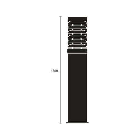 Quoin Steel Outdoor Bollard Light, 45cm stainless steel post with louvred polycarbonate lens head, shown in black silhouette on a white background with height marker.