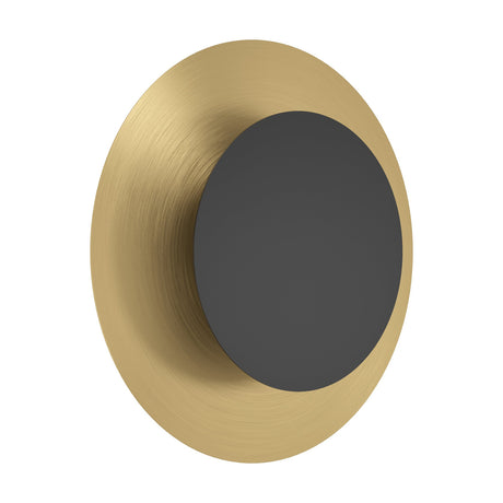 Tocina LED wall light with a round brushed brass dish and recessed black disc centre, integrated LED, steel body, shown on a plain white background.