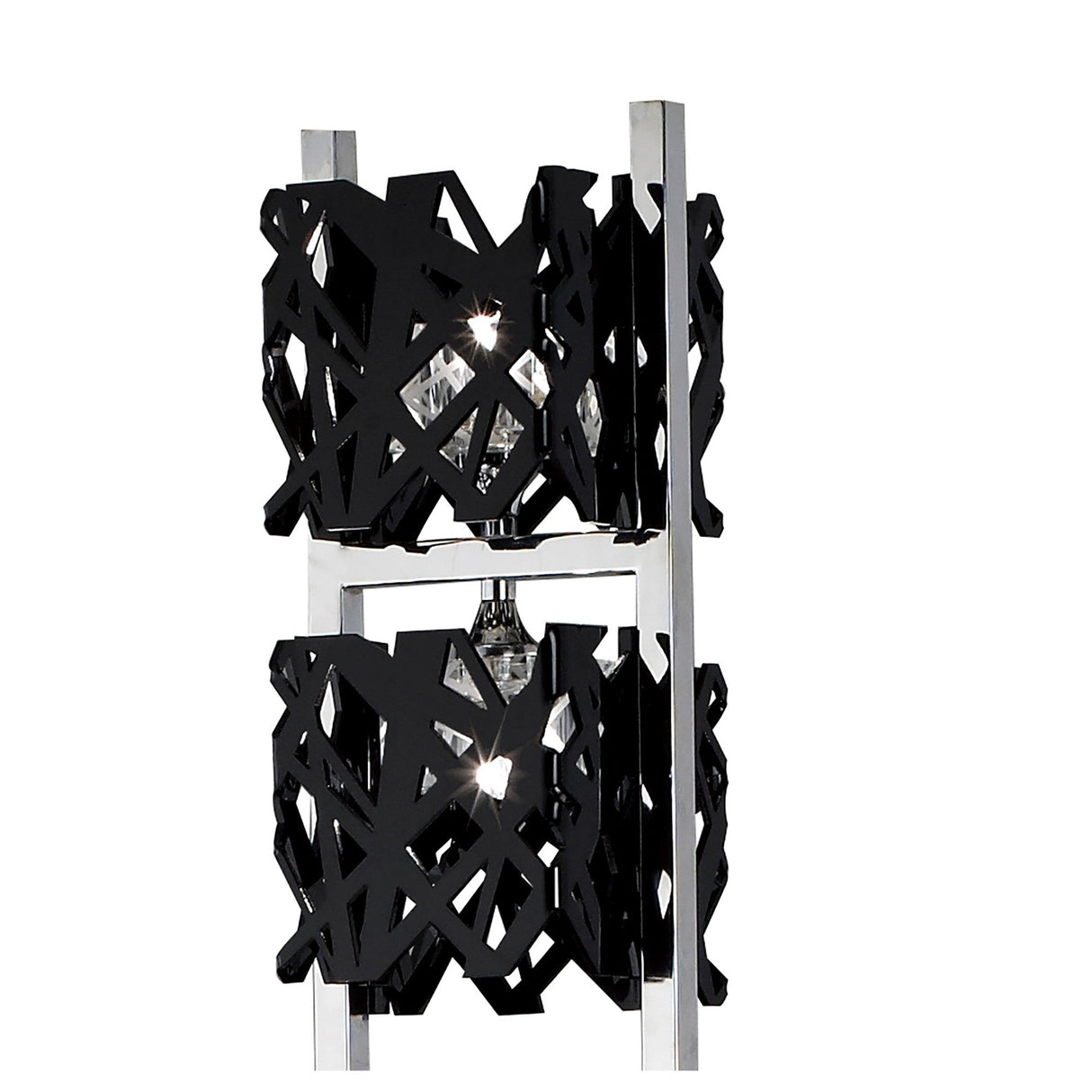 The Tokio 4 Light Floor Lamp – Gloss Black & Polished Chrome features black geometric shades and a chrome metal frame, offering modern ambient lighting and an artistic, contemporary design.