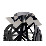 Mantra Tokio semi-flush ceiling light close-up showing the polished chrome square canopy above the laser-cut gloss black acrylic geometric cage.
