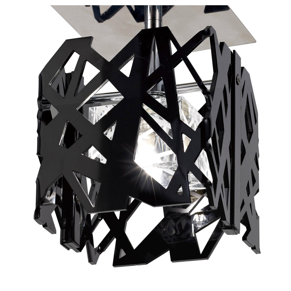 Close-up of Mantra Tokio semi-flush ceiling light showing the laser-cut gloss black acrylic cage, central crystal shade, and polished chrome canopy.