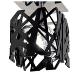 Close-up of Mantra Tokio semi-flush ceiling light showing the laser-cut gloss black acrylic cage, central crystal shade, and polished chrome canopy.