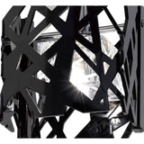 Close-up of Mantra Tokio semi-flush ceiling light showing laser-cut black acrylic cage, central crystal glass shade and polished chrome G9 fitting.