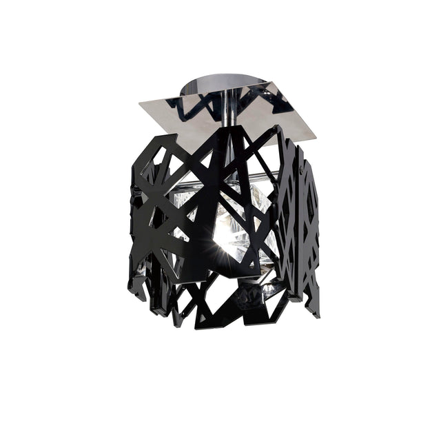 Mantra Tokio 1 Light semi-flush ceiling light with laser-cut gloss black acrylic cage, central crystal shade and polished chrome canopy.