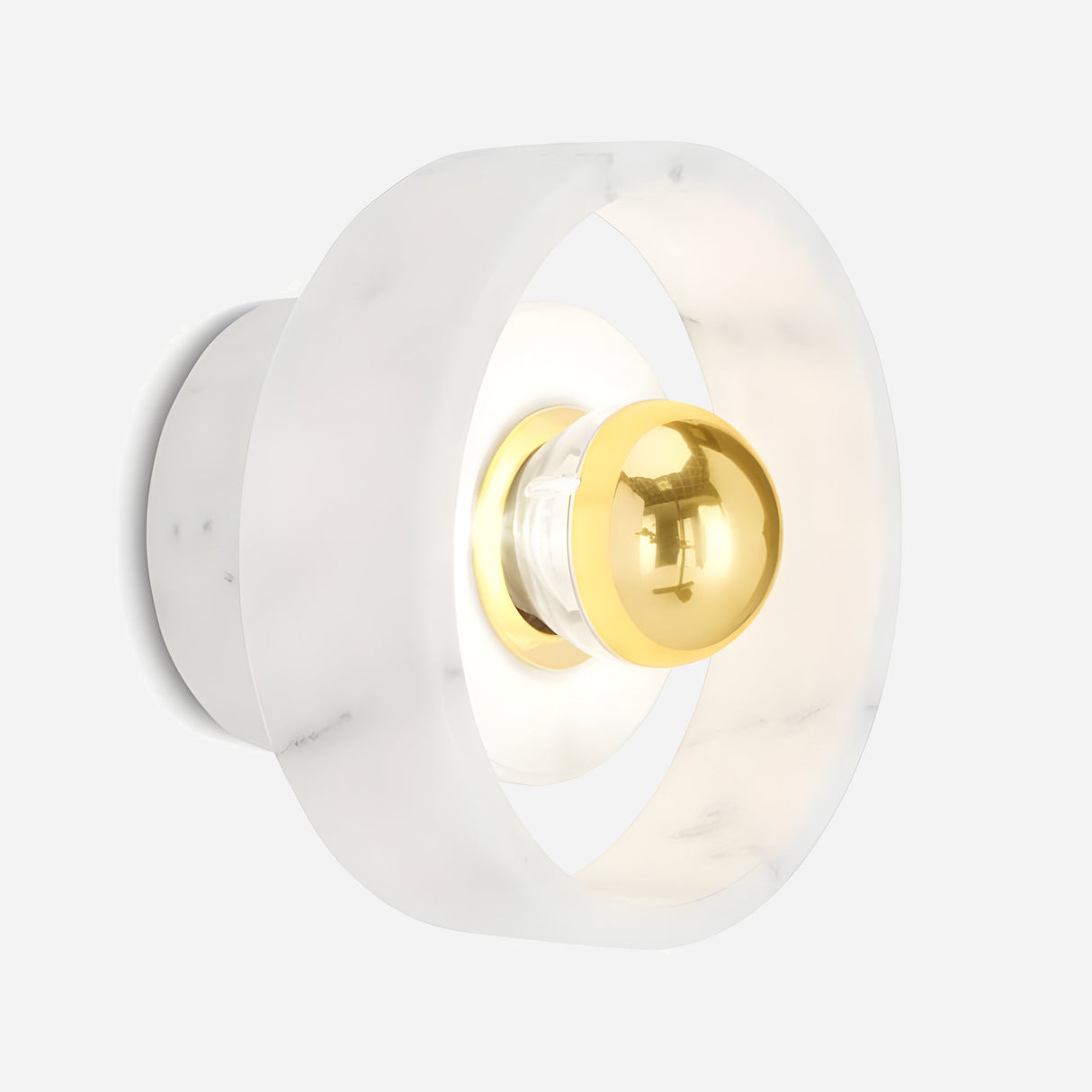 Introducing the Marble Wall Light - White & Gold, a contemporary lighting fixture showcasing a circular design with a pristine white marble finish and a striking central gold sphere. This piece effortlessly combines sleek lines with opulent materials, perfect for luxury home decor and epitomizing the sophisticated White & Gold aesthetic.