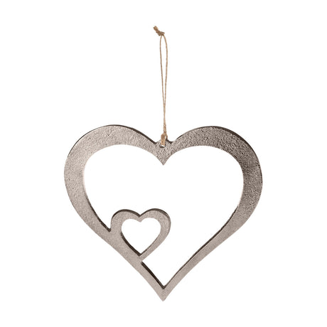 Tomamae Decorative Heart 16cm in silver aluminium with a textured finish, a smaller heart joined at the lower left, and a jute hanging cord, on a plain white background.