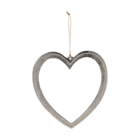 Tomamae Decorative Heart 19cm in Silver, an open aluminium heart-shaped frame with a textured, frosted finish and jute twine hanging loop, shown on a plain white background.