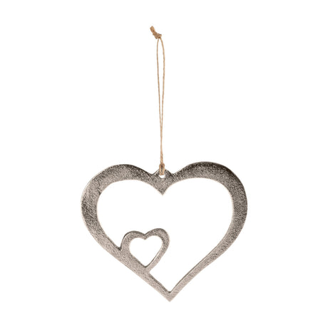Tomamae Decorative Heart ornament in textured silver aluminium, an open heart outline with a smaller heart inside, hung on a jute cord against a white background.