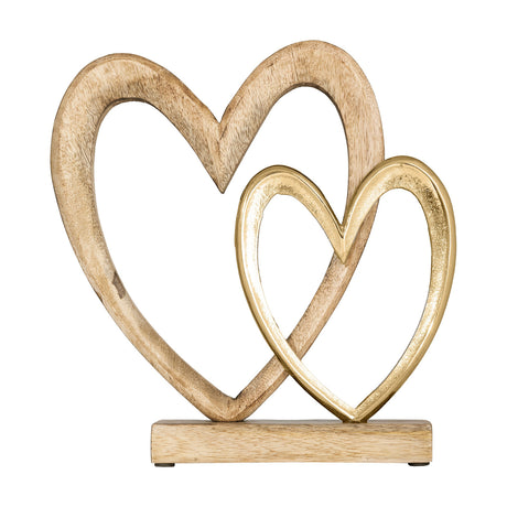 Tomamae Decorative Heart ornament with two overlapping open hearts on a rectangular base, a larger natural wood heart behind a smaller gold-finished heart, on a plain white background.