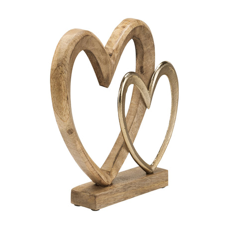 Tomamae Decorative Heart ornament with two overlapping open hearts, one natural wood-grain and one gold-finished, set on a rectangular wooden base against a white background.