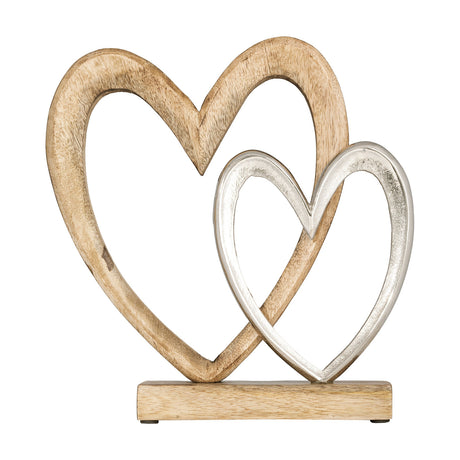 Tomamae Decorative Heart ornament with a large natural wood heart interlocked with a smaller nickel-finish heart, mounted on a rectangular wooden base against a white background.