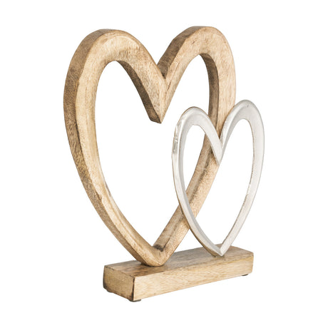 Tomamae Decorative Heart ornament with a large wooden open heart interlocked with a smaller nickel-finish heart, mounted on a rectangular wooden base against a white background.