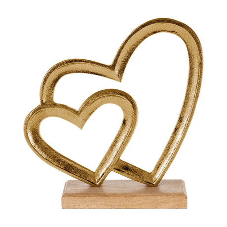 Tomamae Decorative Hearts 22cm sculpture featuring two overlapping open heart outlines in textured gold aluminium, mounted on a rectangular mango wood base, shown against a plain white background.