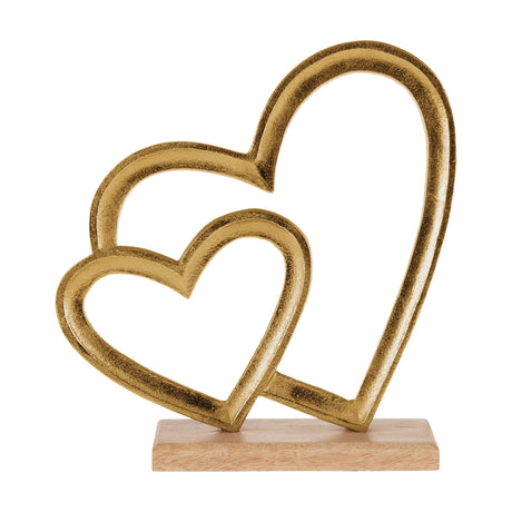 Tomamae Decorative Hearts ornament, 27.5cm, two overlapping open heart outlines in textured gold aluminium on a mango wood base, plain white background.