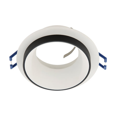 Tomelle round recessed downlight in white and black aluminium, showing a white flange, slim black inner ring, white reflector, and spring clips, set against a plain white background.