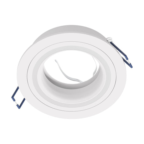 Tomelle Downlight in white aluminium, round recessed ceiling fixture for a single GU10 bulb, shown angled with spring clips on a plain white background.