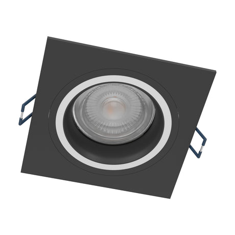 Tomelle Smart Colour Changing LED Downlight, a square recessed fitting with black aluminium body, white plastic shade and silver trim ring, shown at an angle against a plain white background.
