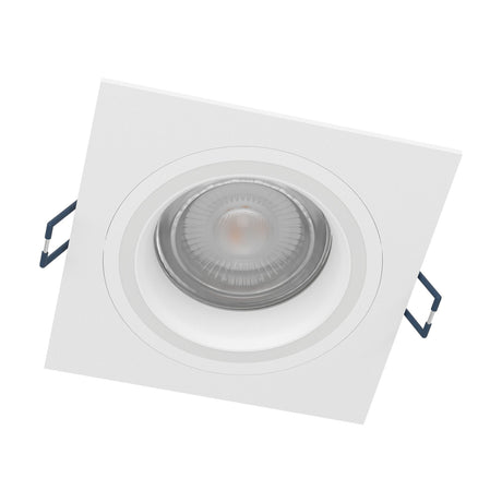 Tomelle square recessed LED downlight in white, 9.3 x 9.3cm, with aluminium body, round central insert and integrated LED, shown at an angle with spring clips on a plain white background.