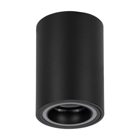 Tomelle Smart LED Flush Ceiling Light in black aluminium, a cylindrical downlight with a white plastic trim ring around the GU10 lamp opening, shown on a plain white background.