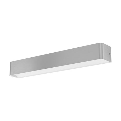 Tomessa LED bathroom wall light, a slim rectangular bar in brushed satin nickel with a white diffuser along its underside and rounded ends, shown on a plain white background.