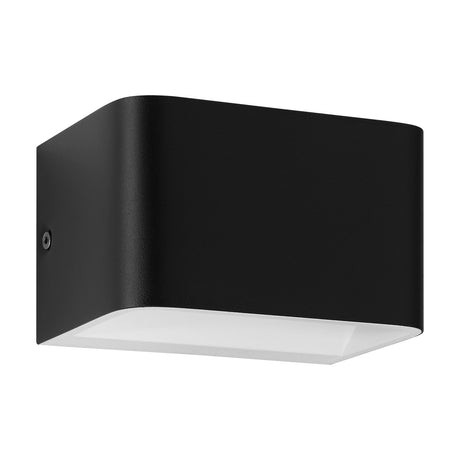 Tomessa LED Wall Light 13cm in matt black aluminium, a compact rectangular box with rounded edges and a white diffuser panel on the underside, shown on a plain white background.