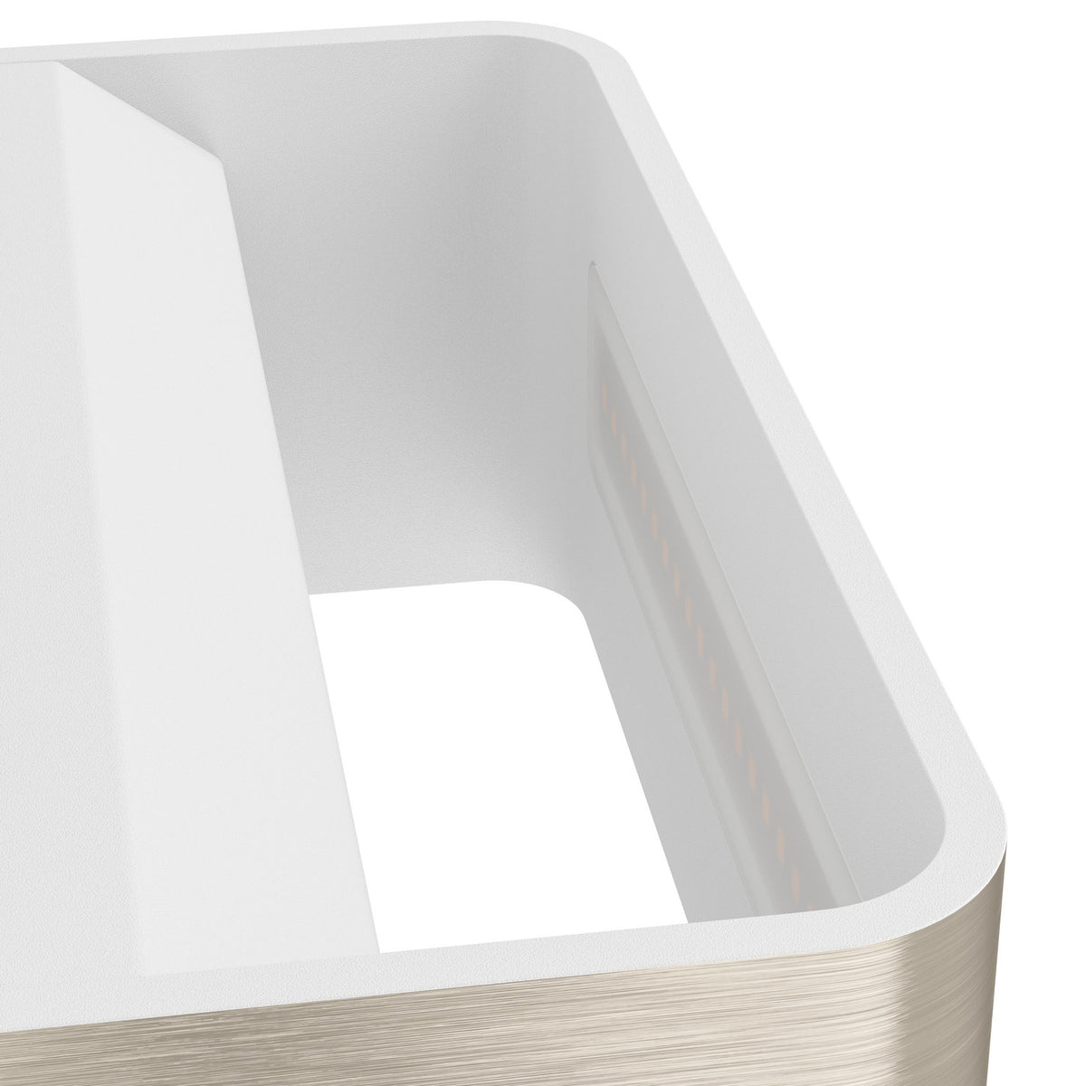 Close-up of the Tomessa LED Wall Light 20cm in satin nickel, showing the rectangular aluminium box with rounded edges, white interior, and integrated LED strip.