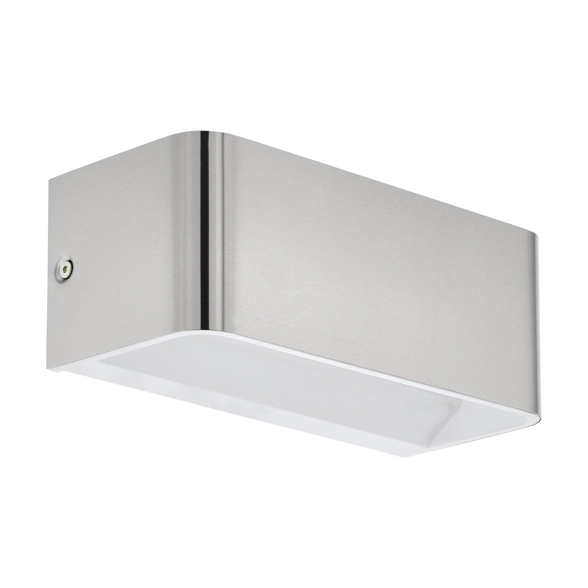 Tomessa LED Wall Light 20cm in satin nickel, a rectangular aluminium box with rounded edges and a white interior panel diffusing light downward, shown on a plain white background.