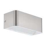Tomessa LED Wall Light 20cm in satin nickel, a rectangular aluminium box with rounded edges and a white interior panel diffusing light downward, shown on a plain white background.