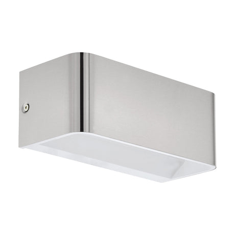 Tomessa LED Wall Light 20cm in satin nickel, a rectangular aluminium box with rounded edges and a white interior panel diffusing light downward, shown on a plain white background.
