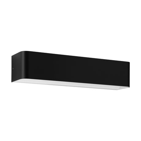 Tomessa LED Wall Light, 36.5cm rectangular black aluminium fixture with rounded edges and a white diffuser strip beneath, shown on a plain white background.