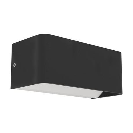 Tomessa rectangular LED wall light in black aluminium and steel with a white plastic diffuser panel, shown on a plain white background.
