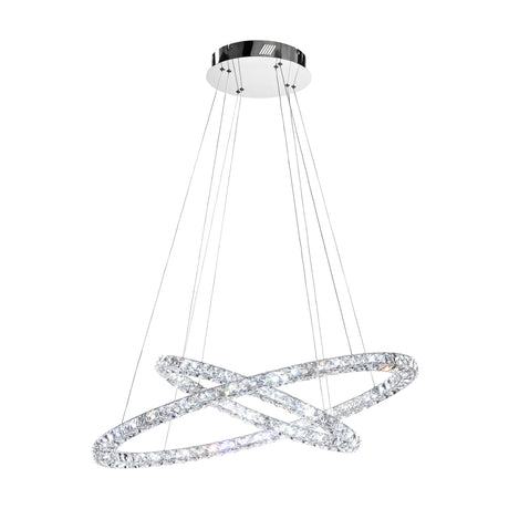 Toneria Clear Glass Pendant Light in chrome, featuring two crossed rings set with faceted clear glass, suspended on fine wires from a round ceiling plate, shown on a plain white background.