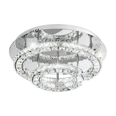 Toneria LED Ceiling Light in polished chrome with two tiered rings of clear faceted glass crystals on slim chrome rods beneath a round mirrored base, shown on a plain white background.