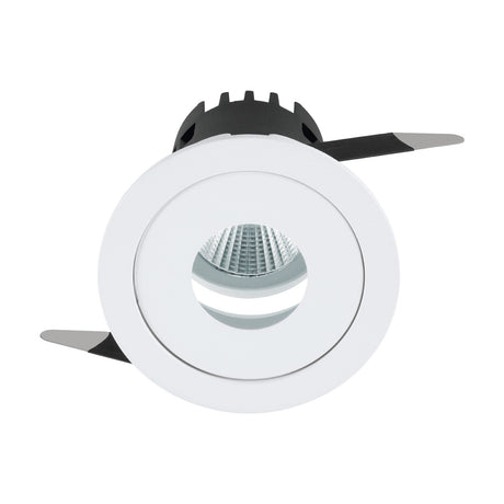 Tonezza 5 round LED downlight with white cast aluminium body, adjustable tilt, clear glass lens cover, and spring clip fittings, shown on a plain white background.