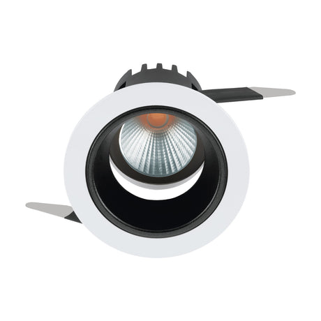 Tonezza LED recessed downlight in white, round trim with black inner baffle and faceted reflector, integrated LED behind clear glass, shown at an angle on a white background.