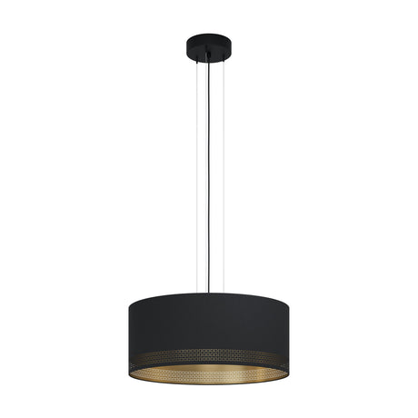 Tonvorne 3-light pendant with a wide black fabric drum shade, gold interior lining, and a perforated cross-pattern band around the lower edge, shown on a plain white background.