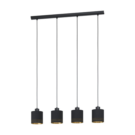 Tonvorne linear pendant light with four black fabric drum shades and gold-toned lining on a slim black steel ceiling bar, shown on a plain white background.