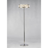 The Torre 5 Light Crystal Floor Lamp in polished chrome features a round shade with clear vertical crystal accents for ambient lighting, set against a plain light gray background.