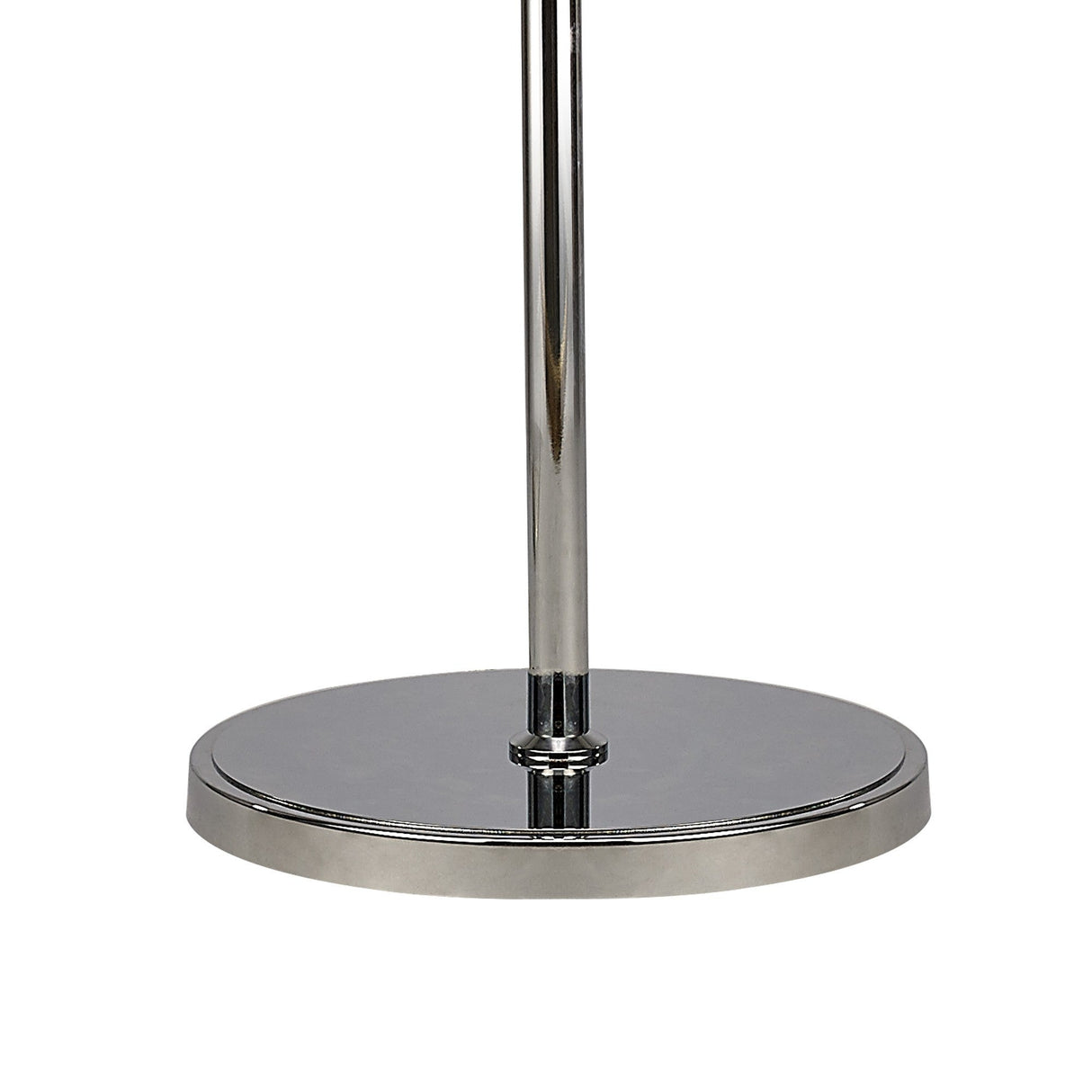 A close-up of the Torre 5 Light Crystal Curtain Floor Lamp shows its polished chrome base with a round, flat bottom and vertical pole, perfect as statement lighting for any modern space.