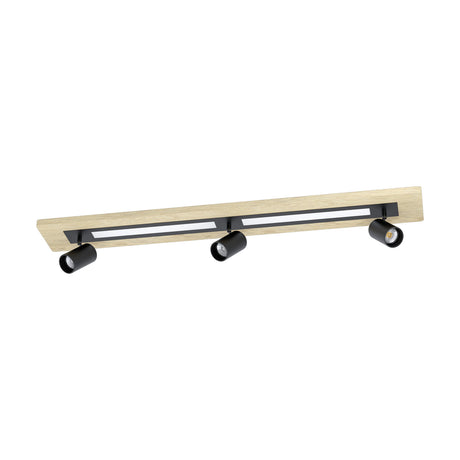 Torrestralle 112cm LED flush ceiling light with a wood panel, central black LED strip, and three adjustable black cylindrical spotlights.